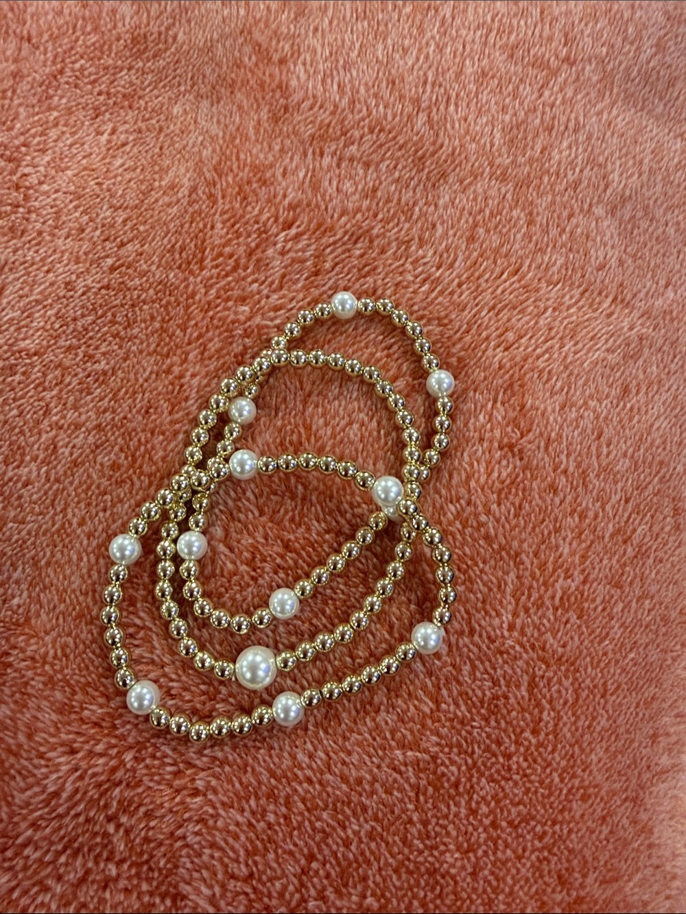 Gold Beaded Stretch Bracelet Set with White Pearls